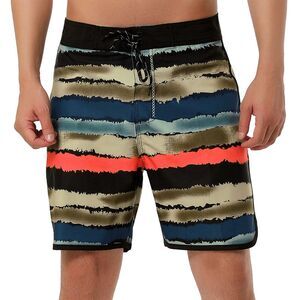 Men's Summer Drawstring Waist Contrast Color Printed Swim Shorts Brown